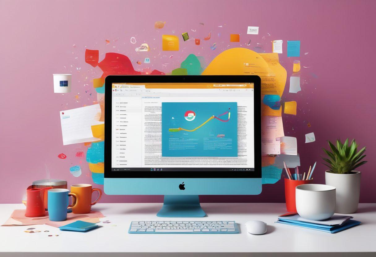 A visually striking workspace featuring a sleek computer screen displaying a PDF-to-JPEG conversion process, surrounded by floating dynamic icons of files transforming into vibrant JPEGs. Include elements like a coffee cup and colorful stationery to evoke a creative atmosphere. The background should have an abstract pattern representing digital transformation. super-realistic. vibrant colors. modern design.