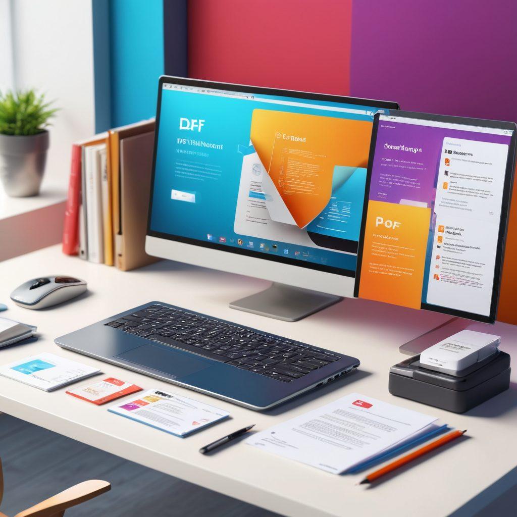 A sleek digital workspace featuring a user-friendly interface showcasing a PDF document being easily converted to JPG format. Include vibrant icons representing various online tools with a blurred background of a workspace filled with tech gadgets. The scene should convey a seamless and efficient workflow, emphasizing accessibility and modernity. super-realistic. vibrant colors. 3D.